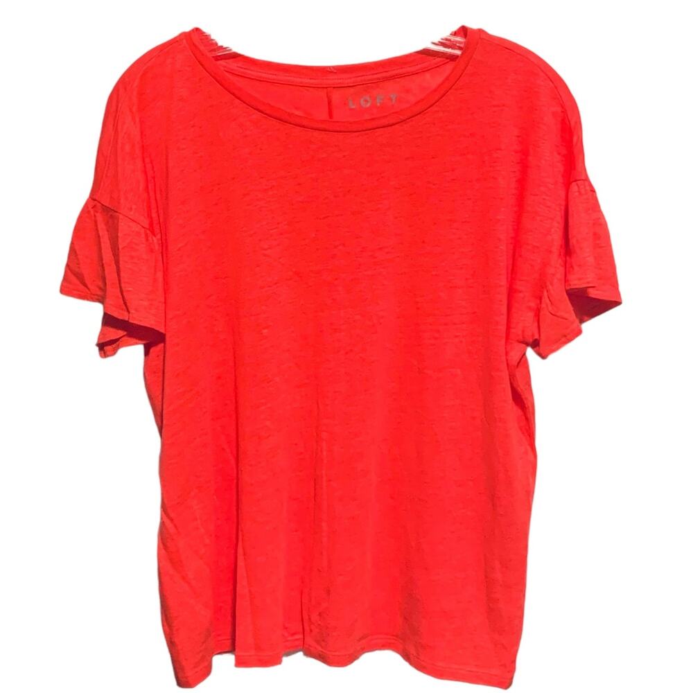 Women's LOFT Top 100% Linen T-Shirt Short Flutter Sleeves Red/Orange Summer